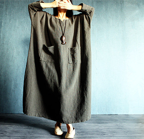 4 Colors-100% Linen Caftans/Big Pocket Loose Maxi Dress-Plus Size Clot ...